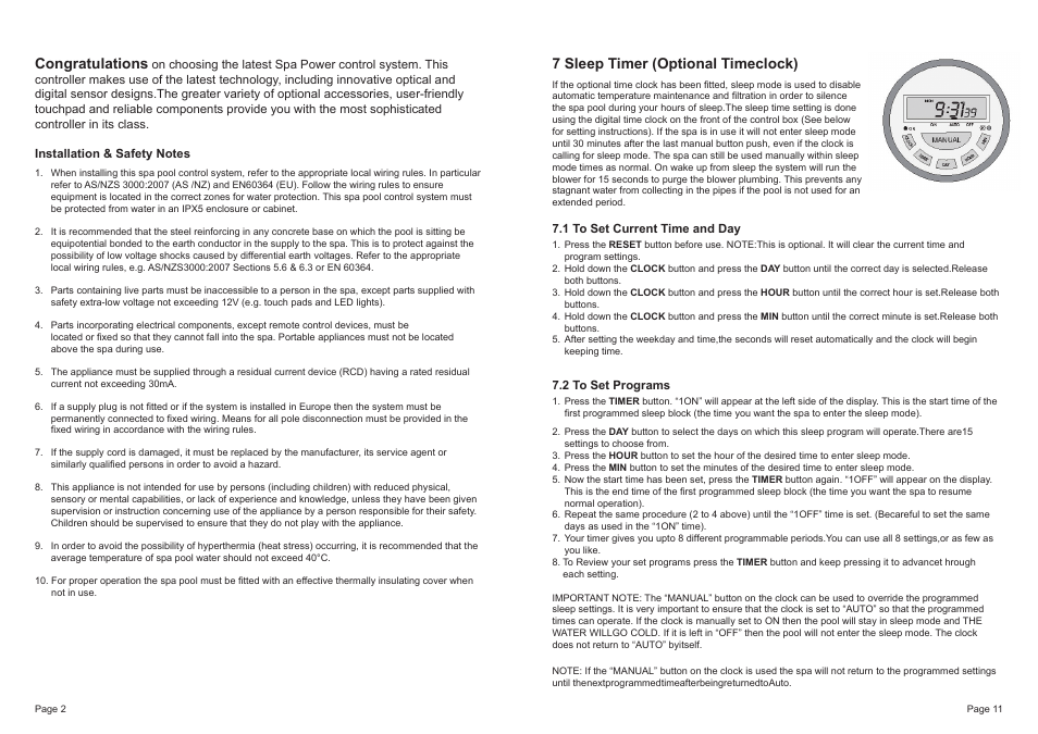 7 sleep timer (optional timeclock) | Davey SP601 Series SPAPOWER CONTROLLERS User Manual | Page 2 / 6