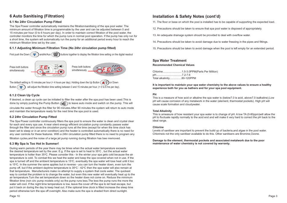 6 auto sanitising (filtration) | Davey SP601 Series SPAPOWER CONTROLLERS User Manual | Page 3 / 6