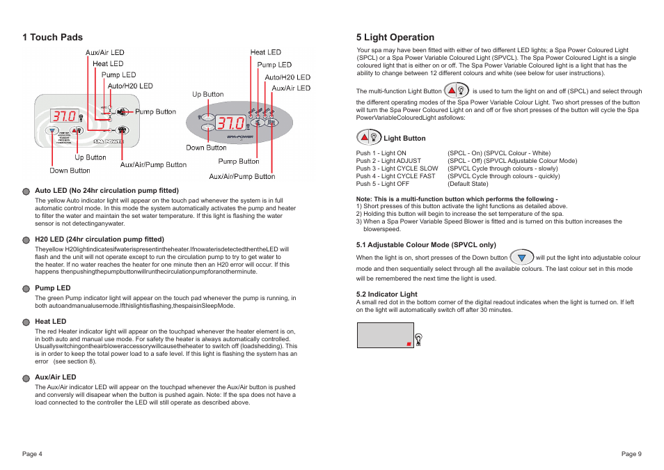 5 light operation, 1 touch pads | Davey SP601 Series SPAPOWER CONTROLLERS User Manual | Page 4 / 6