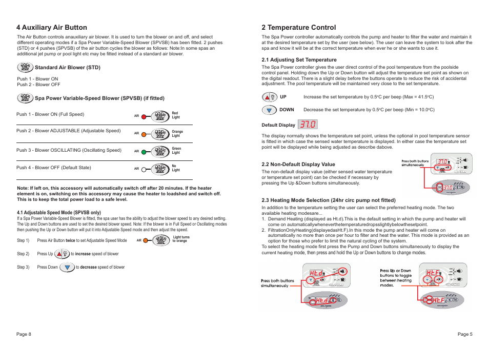 4 auxiliary air button, 2 temperature control | Davey SP601 Series SPAPOWER CONTROLLERS User Manual | Page 5 / 6