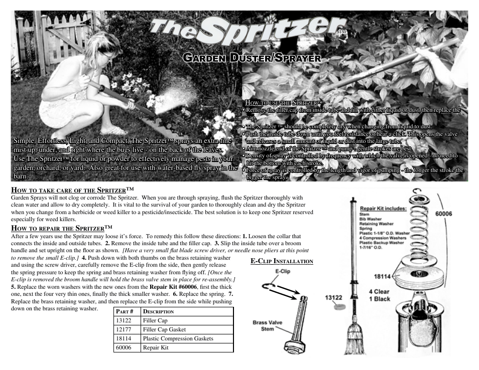 Earthway Outlet Spritzer Garden Duster Sprayer User Manual | 1 page