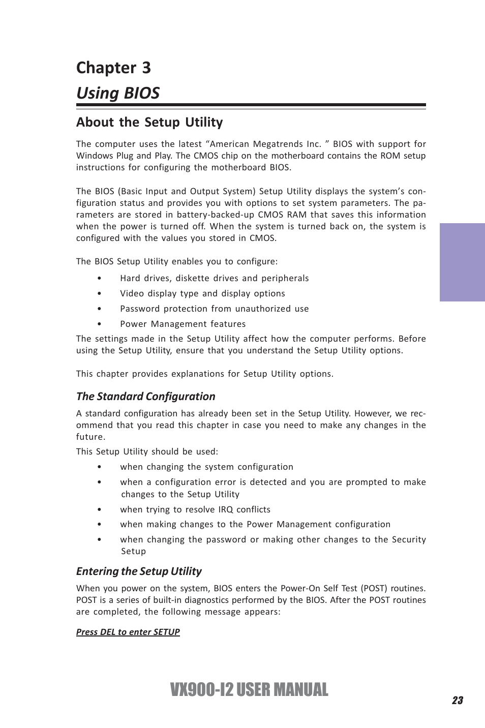 Chapter 3 using bios, Vx900-i2 user manual, Chapter 3 | About the setup utility | Elitegroup VX900-I2 (V1.0) User Manual | Page 27 / 50