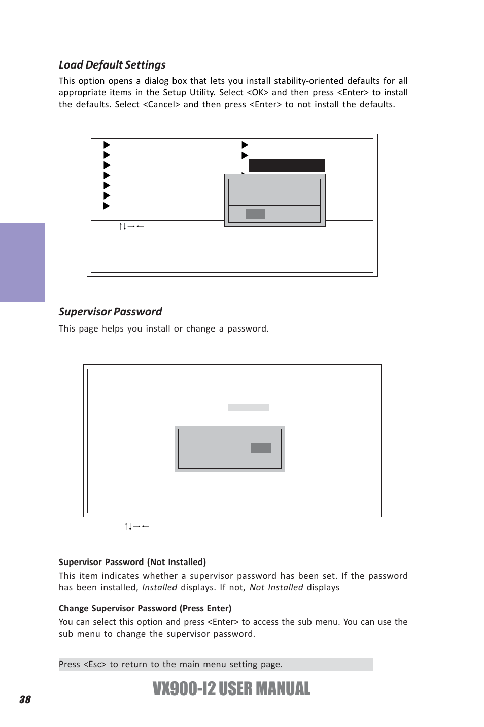 Vx900-i2 user manual, Chapter 3, Supervisor password | Load default settings | Elitegroup VX900-I2 (V1.0) User Manual | Page 42 / 50