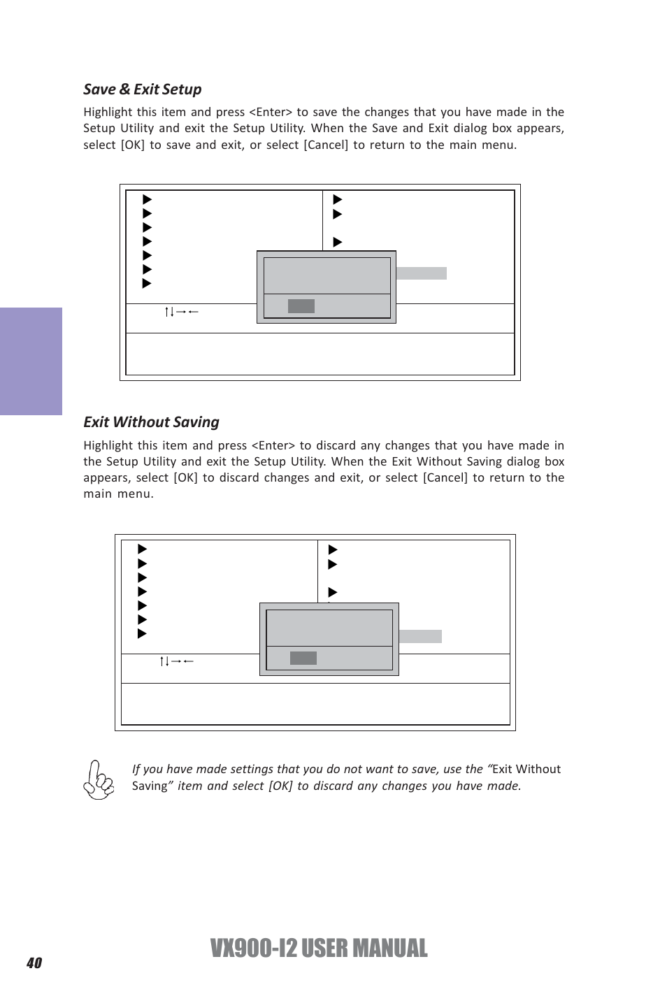 Vx900-i2 user manual, Chapter 3, Save & exit setup | Exit without saving | Elitegroup VX900-I2 (V1.0) User Manual | Page 44 / 50