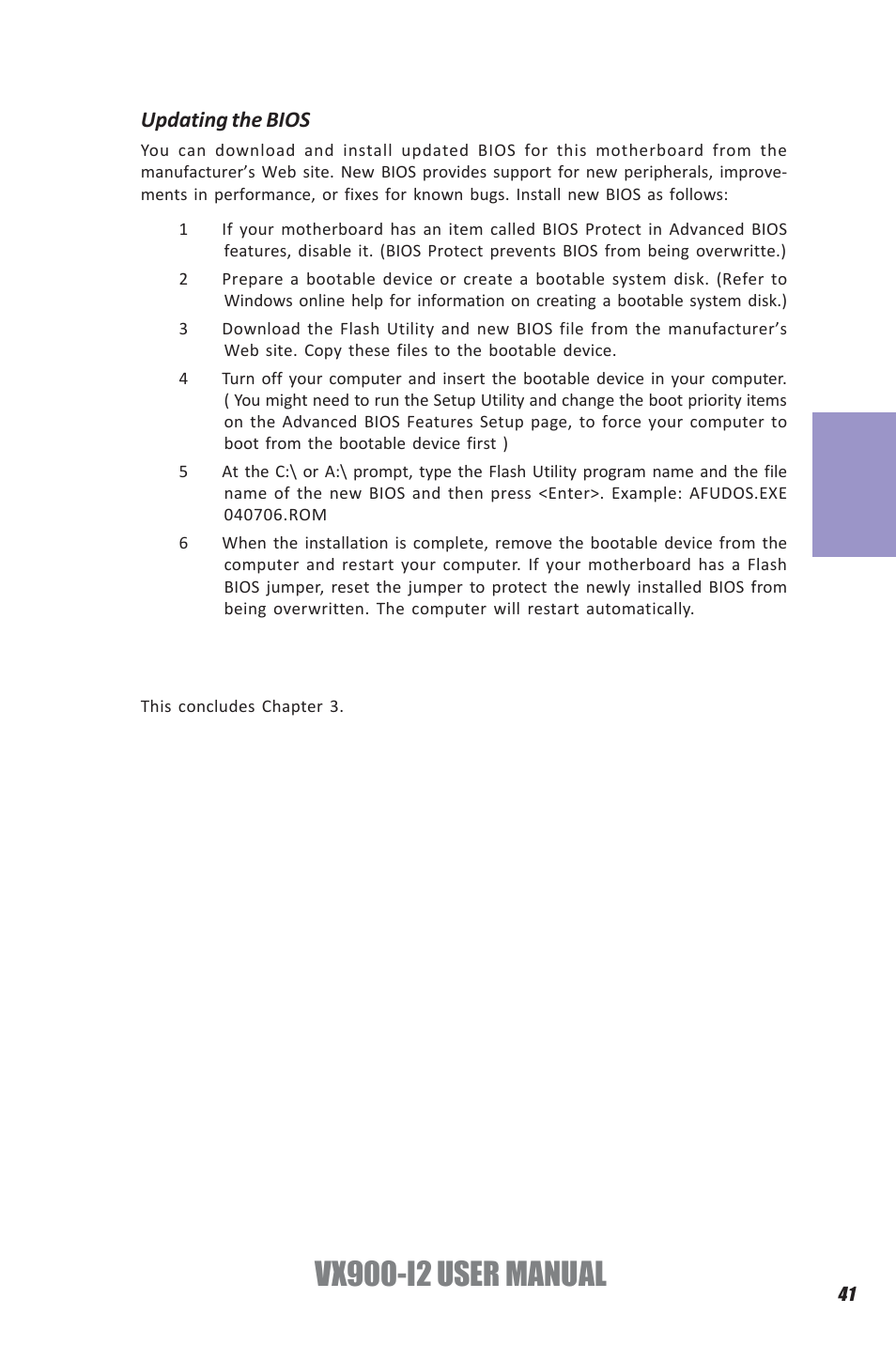 Vx900-i2 user manual, Chapter 3, Updating the bios | Elitegroup VX900-I2 (V1.0) User Manual | Page 45 / 50