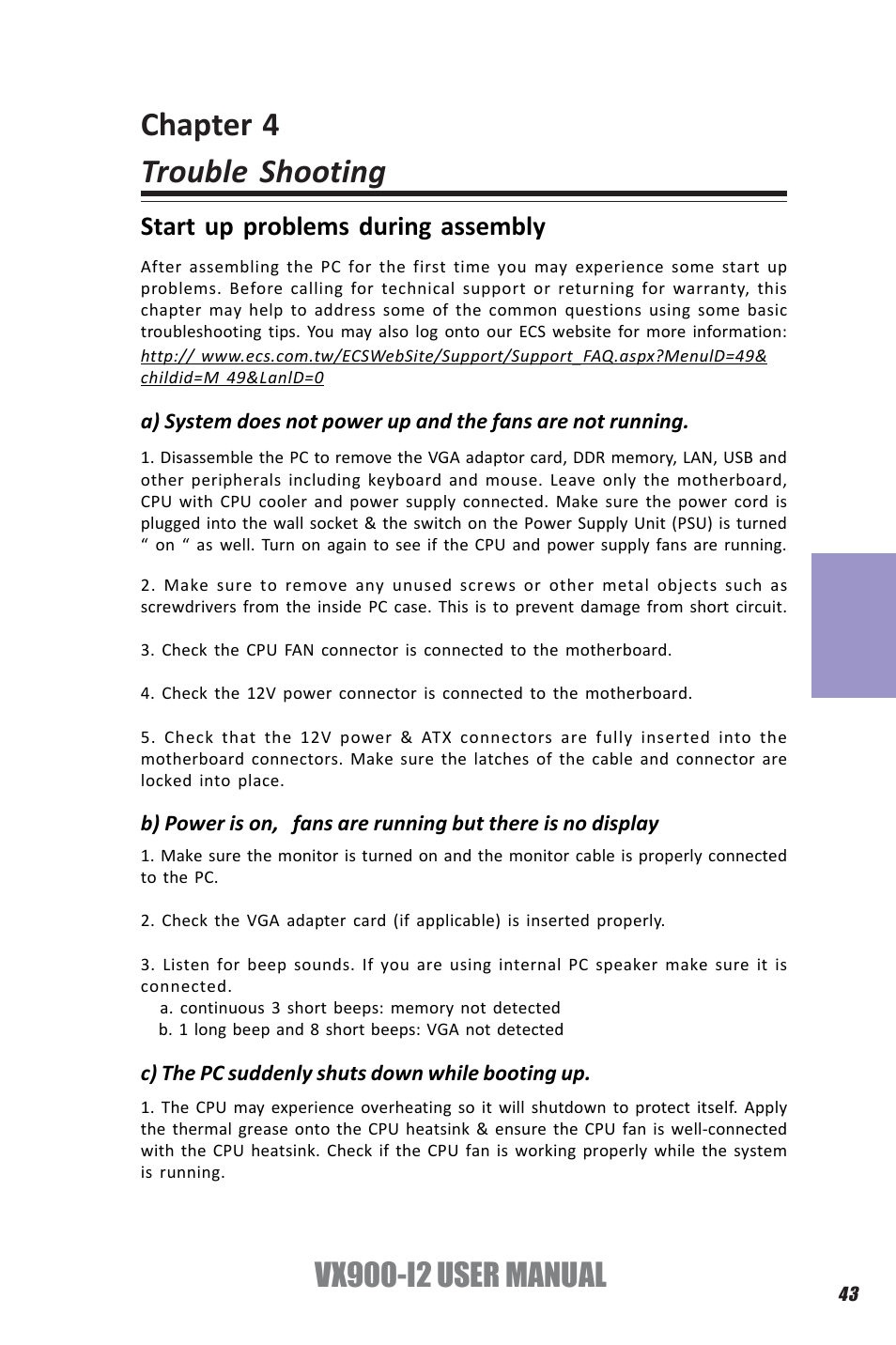 Chapter 4 trouble shooting, Vx900-i2 user manual, Chapter 4 | Start up problems during assembly | Elitegroup VX900-I2 (V1.0) User Manual | Page 47 / 50