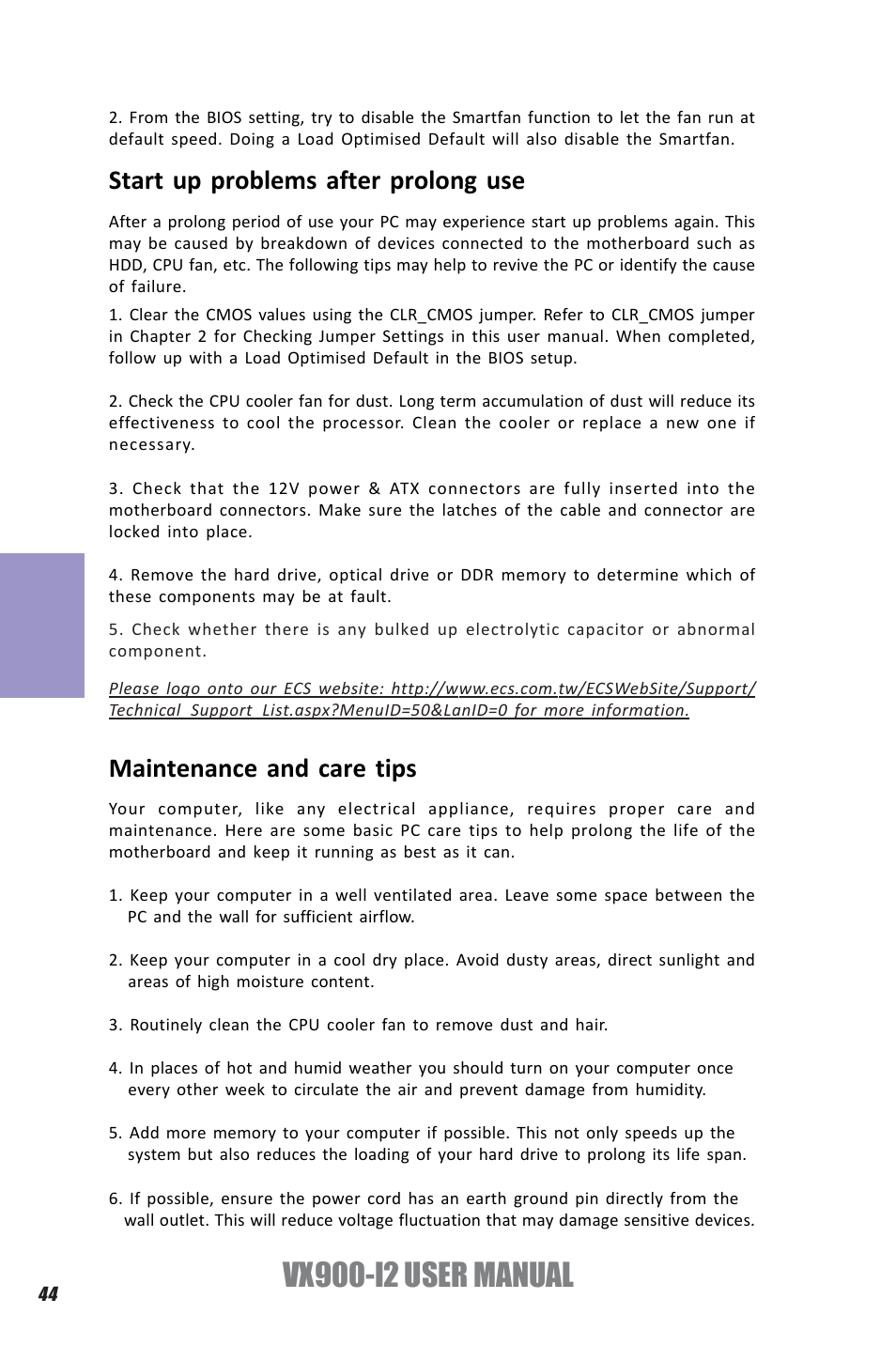 Vx900-i2 user manual, Chapter 4, Start up problems after prolong use | Maintenance and care tips | Elitegroup VX900-I2 (V1.0) User Manual | Page 48 / 50