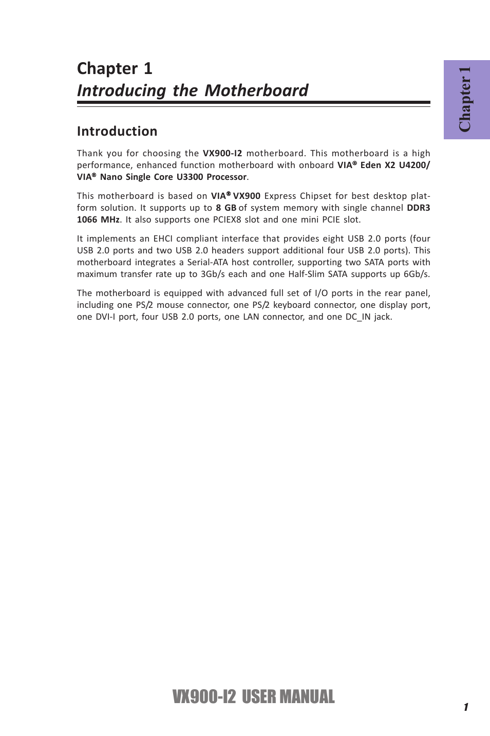 Chapter 1 introducing the motherboard, Vx900-i2 user manual, Chapter 1 | Introduction | Elitegroup VX900-I2 (V1.0) User Manual | Page 5 / 50