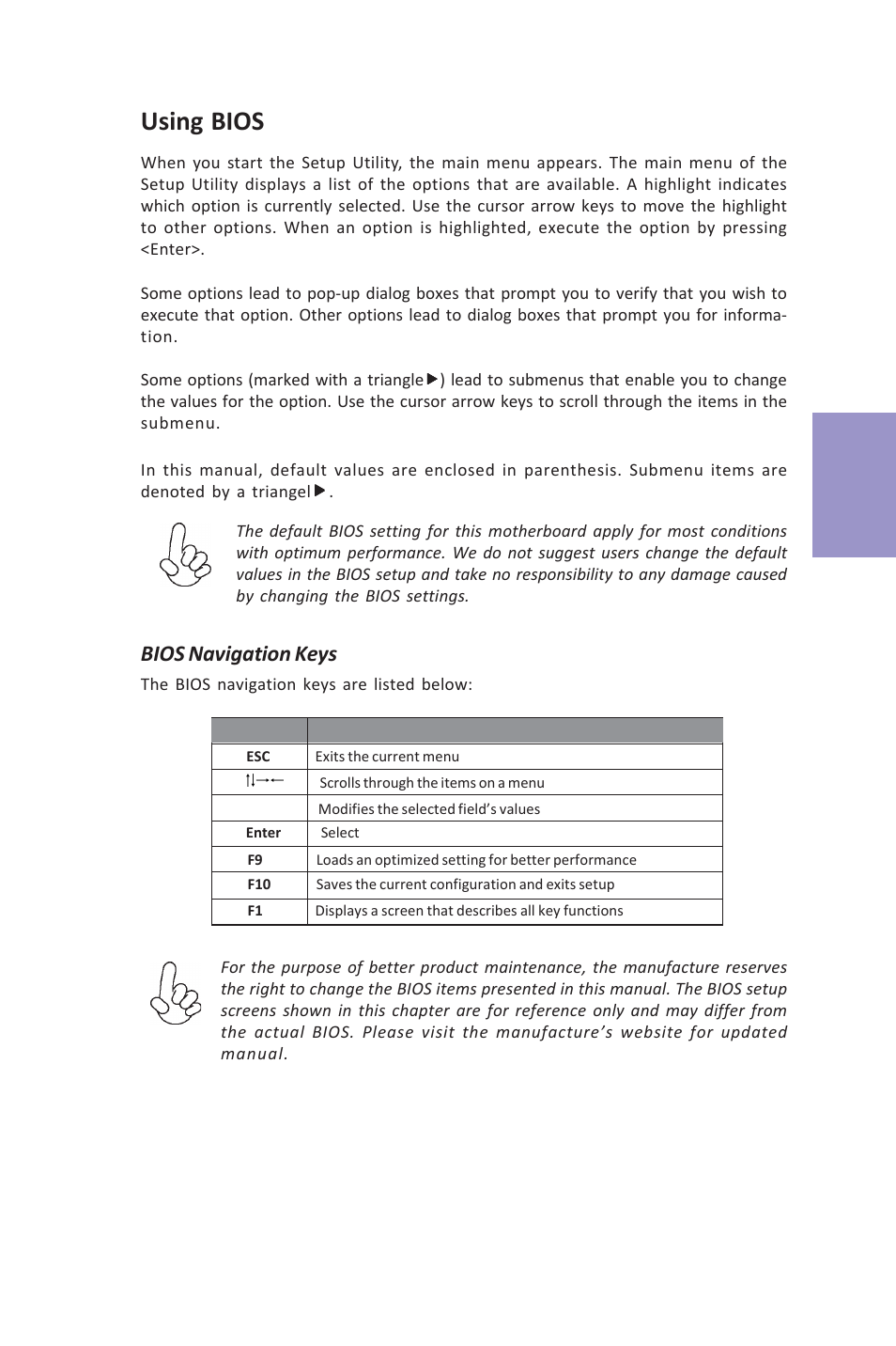 Vx900-i user manual, Chapter 3, Using bios | Bios navigation keys | Elitegroup VX900-I (V1.0A) User Manual | Page 29 / 52