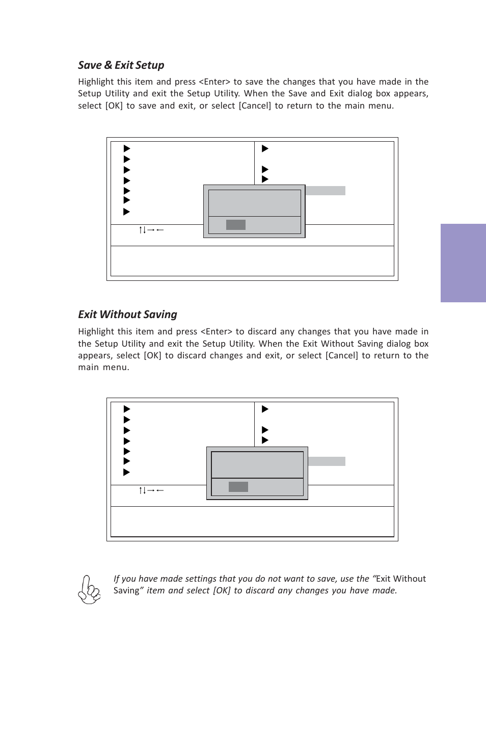 Vx900-i user manual, Chapter 3, Save & exit setup | Exit without saving | Elitegroup VX900-I (V1.0A) User Manual | Page 43 / 52