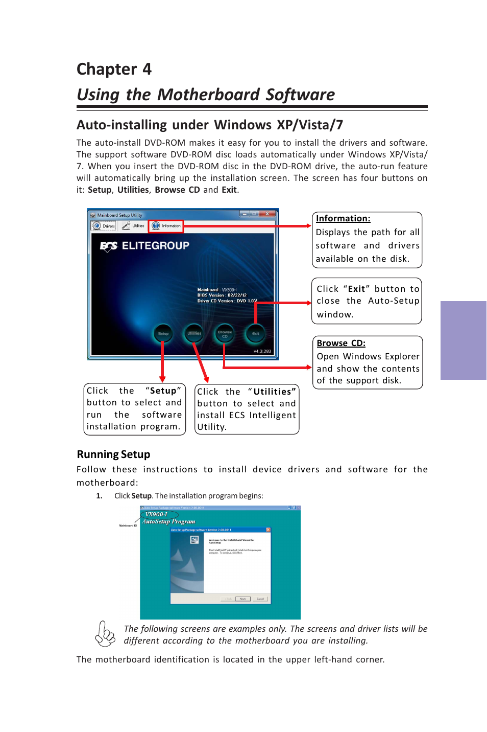 Chapter 4 using the motherboard software, Vx900-i user manual, Chapter 4 | Auto-installing under windows xp/vista/7 | Elitegroup VX900-I (V1.0A) User Manual | Page 45 / 52