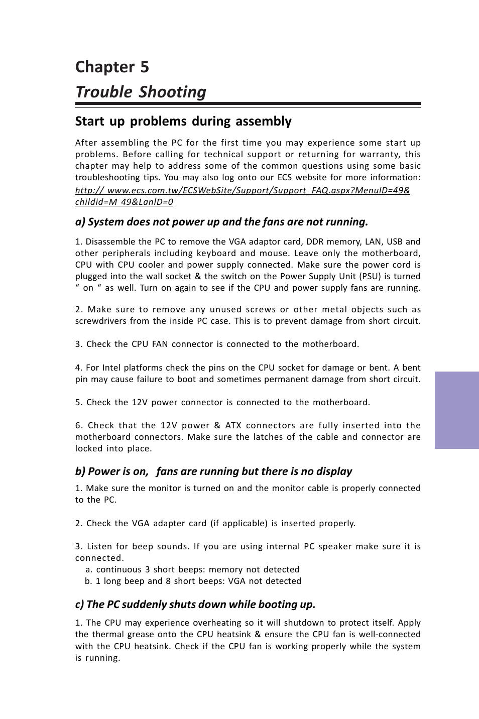 Chapter 5 trouble shooting, Vx900-i user manual, Chapter 5 | Start up problems during assembly | Elitegroup VX900-I (V1.0A) User Manual | Page 49 / 52