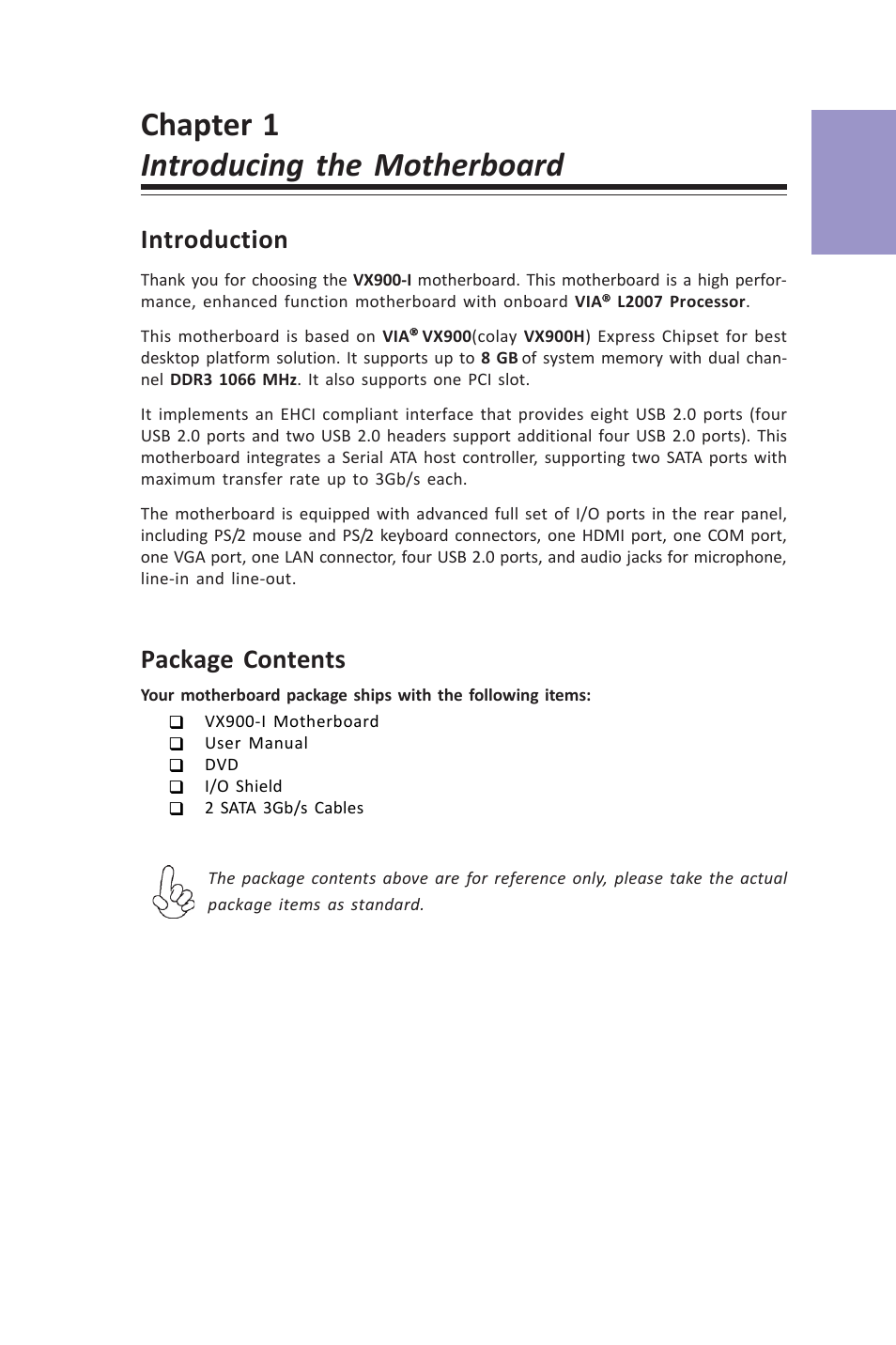 Chapter 1 introducing the motherboard, Vx900-i user manual, Chapter 1 | Introduction, Package contents | Elitegroup VX900-I (V1.0A) User Manual | Page 5 / 52