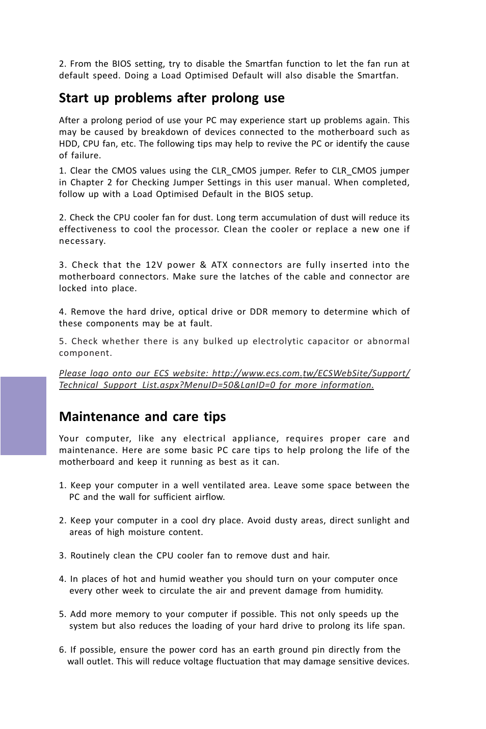 Vx900-i user manual, Chapter 5, Start up problems after prolong use | Maintenance and care tips | Elitegroup VX900-I (V1.0A) User Manual | Page 50 / 52