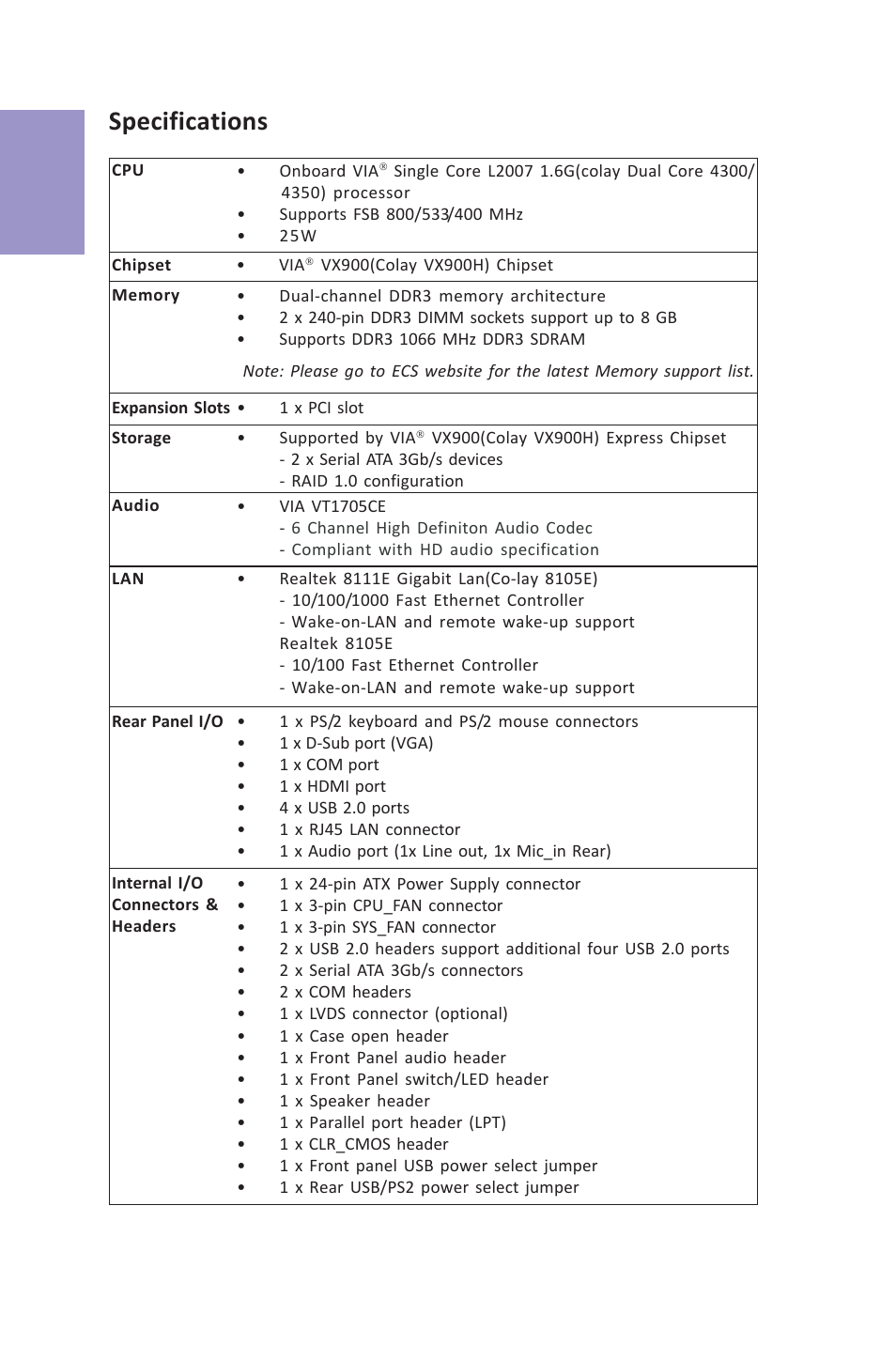 Vx900-i user manual, Chapter 1, Specifications | Elitegroup VX900-I (V1.0A) User Manual | Page 6 / 52