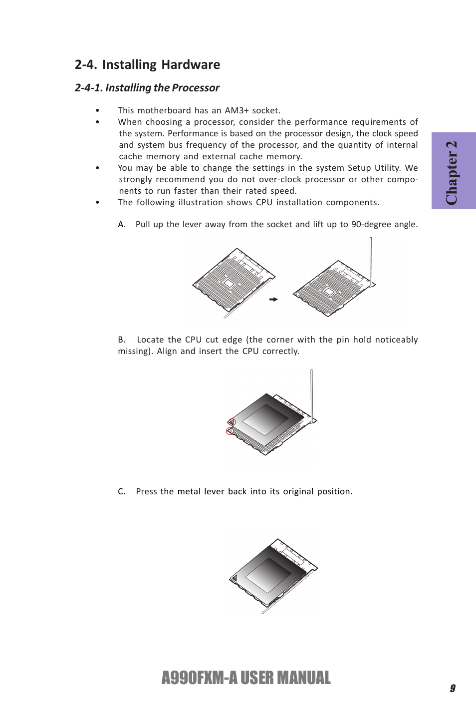 A990fxm-a user manual, Chapter 2, 4. installing hardware | Elitegroup A990FXM-A (V1.1) User Manual | Page 13 / 68