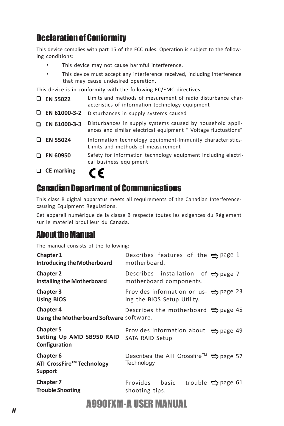 A990fxm-a user manual, Declaration of conformity, Canadian department of communications | About the manual | Elitegroup A990FXM-A (V1.1) User Manual | Page 2 / 68