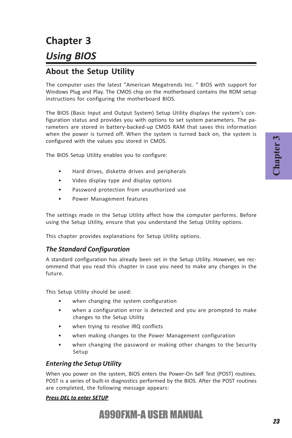 Chapter 3 using bios, A990fxm-a user manual, Chapter 3 | About the setup utility | Elitegroup A990FXM-A (V1.1) User Manual | Page 27 / 68