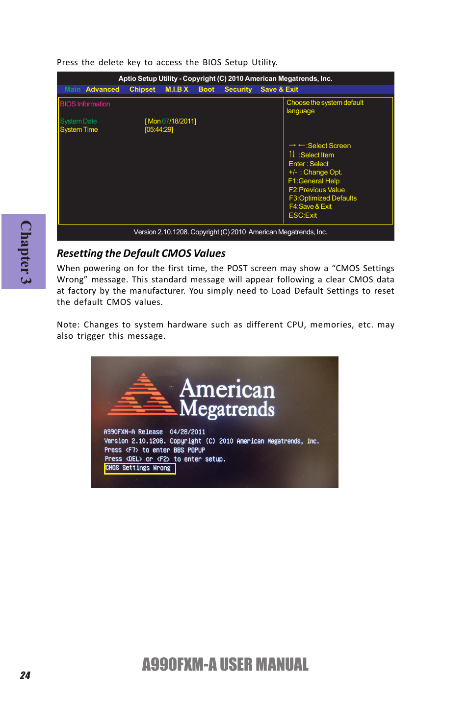 A990fxm-a user manual, Chapter 3, Resetting the default cmos values | Elitegroup A990FXM-A (V1.1) User Manual | Page 28 / 68