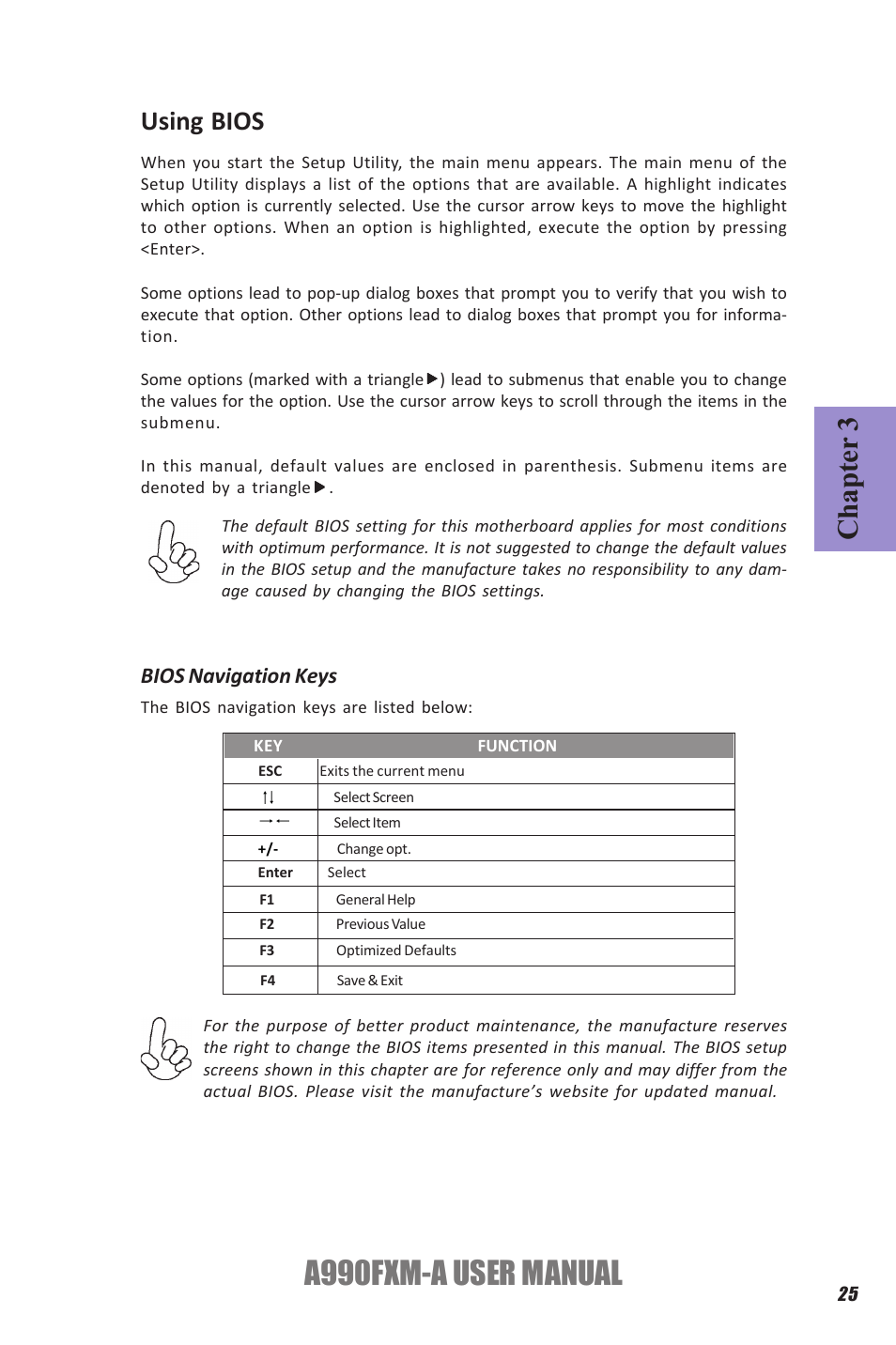 A990fxm-a user manual, Chapter 3, Using bios | Bios navigation keys | Elitegroup A990FXM-A (V1.1) User Manual | Page 29 / 68