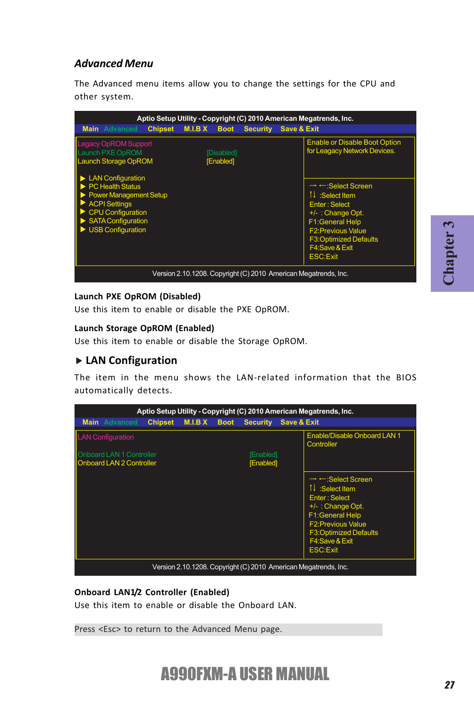 A990fxm-a user manual, Chapter 3, Advanced menu lan configuration | Elitegroup A990FXM-A (V1.1) User Manual | Page 31 / 68