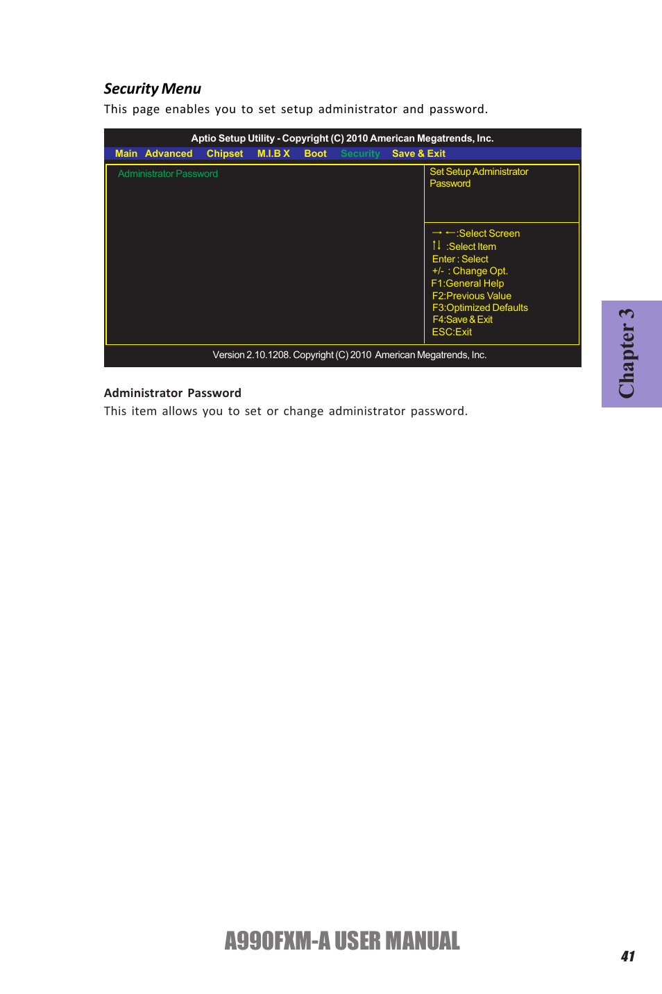 A990fxm-a user manual, Chapter 3, Security menu | Elitegroup A990FXM-A (V1.1) User Manual | Page 45 / 68