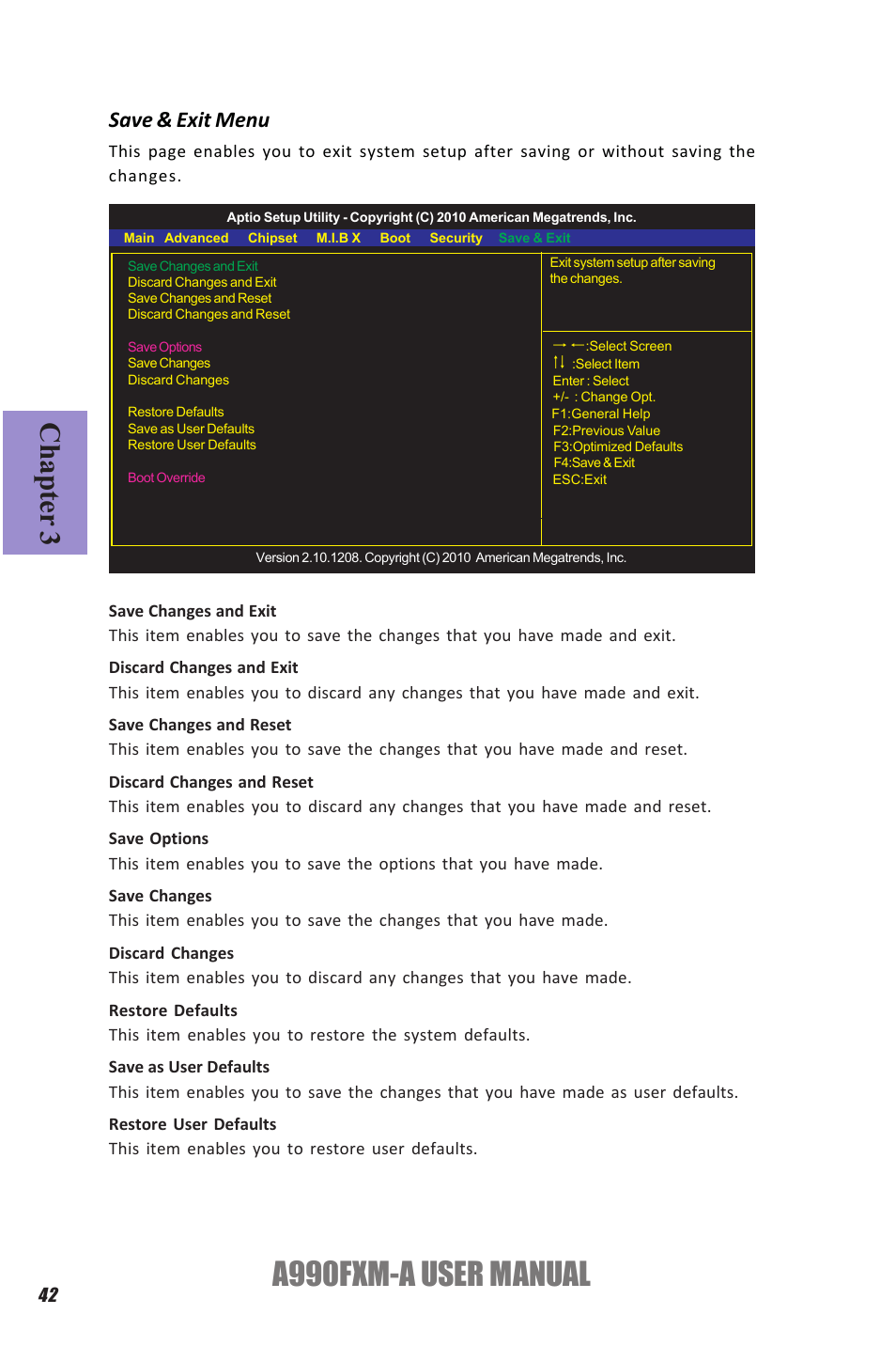 A990fxm-a user manual, Chapter 3, Save & exit menu | Elitegroup A990FXM-A (V1.1) User Manual | Page 46 / 68