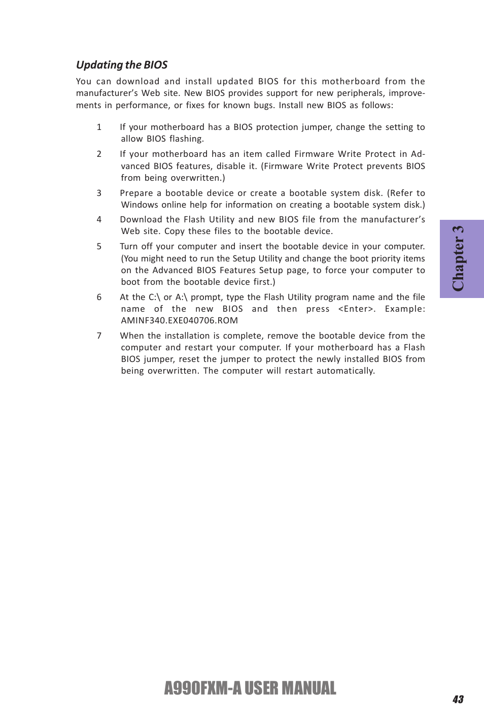 A990fxm-a user manual, Chapter 3, Updating the bios | Elitegroup A990FXM-A (V1.1) User Manual | Page 47 / 68