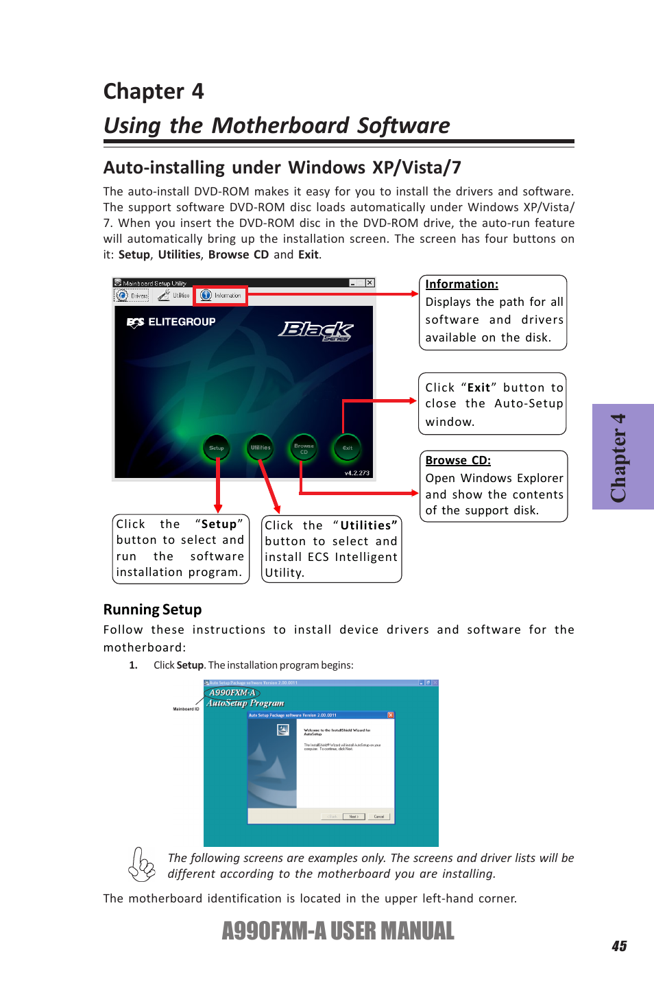 Chapter 4 using the motherboard software, A990fxm-a user manual, Chapter 4 | Auto-installing under windows xp/vista/7 | Elitegroup A990FXM-A (V1.1) User Manual | Page 49 / 68