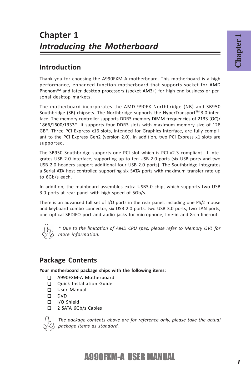 Chapter 1 introducing the motherboard, A990fxm-a user manual, Chapter 1 | Introduction, Package contents | Elitegroup A990FXM-A (V1.1) User Manual | Page 5 / 68