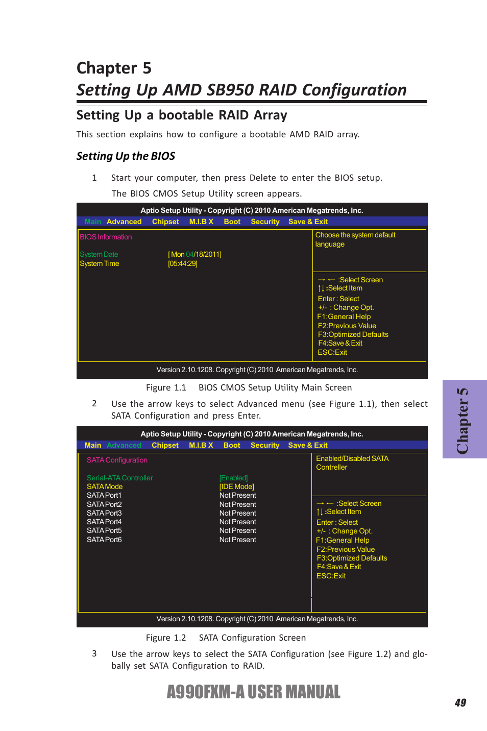 Chapter 5 setting up amd sb950 raid configuration, A990fxm-a user manual, Chapter 5 | Setting up a bootable raid array, Setting up the bios | Elitegroup A990FXM-A (V1.1) User Manual | Page 53 / 68