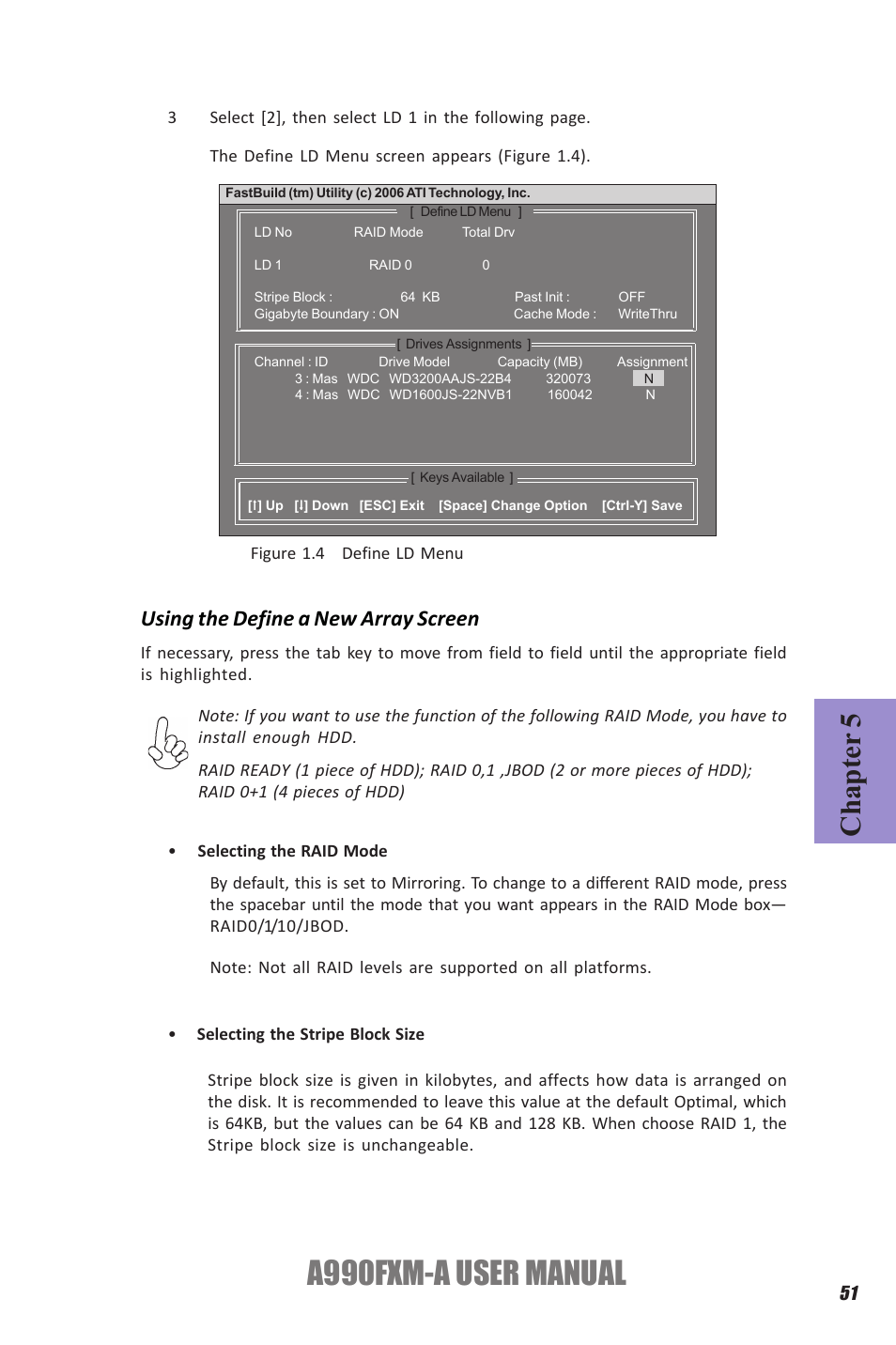 A990fxm-a user manual, Chapter 5, Using the define a new array screen | Elitegroup A990FXM-A (V1.1) User Manual | Page 55 / 68