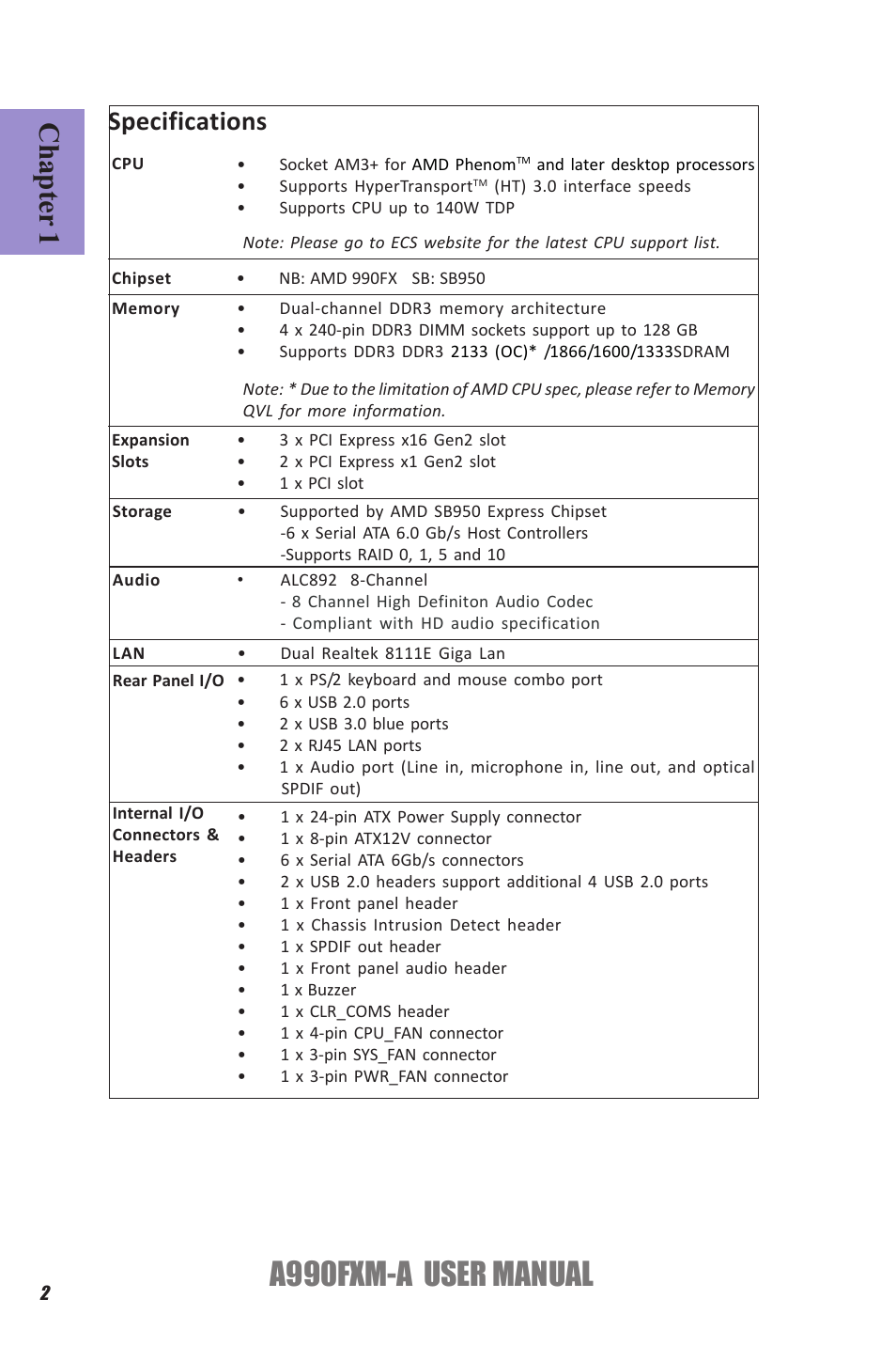 A990fxm-a user manual, Chapter 1, Specifications | Elitegroup A990FXM-A (V1.1) User Manual | Page 6 / 68