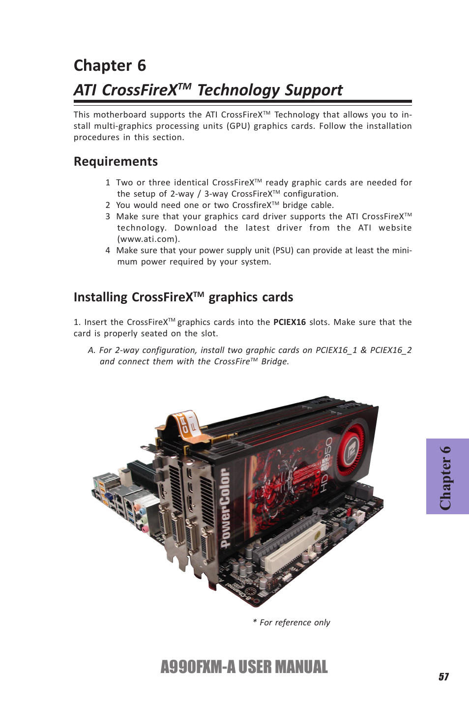 Chapter 6 ati crossfirex, Technology support, A990fxm-a user manual | Chapter 6, Requirements, Installing crossfirex, Graphics cards | Elitegroup A990FXM-A (V1.1) User Manual | Page 61 / 68
