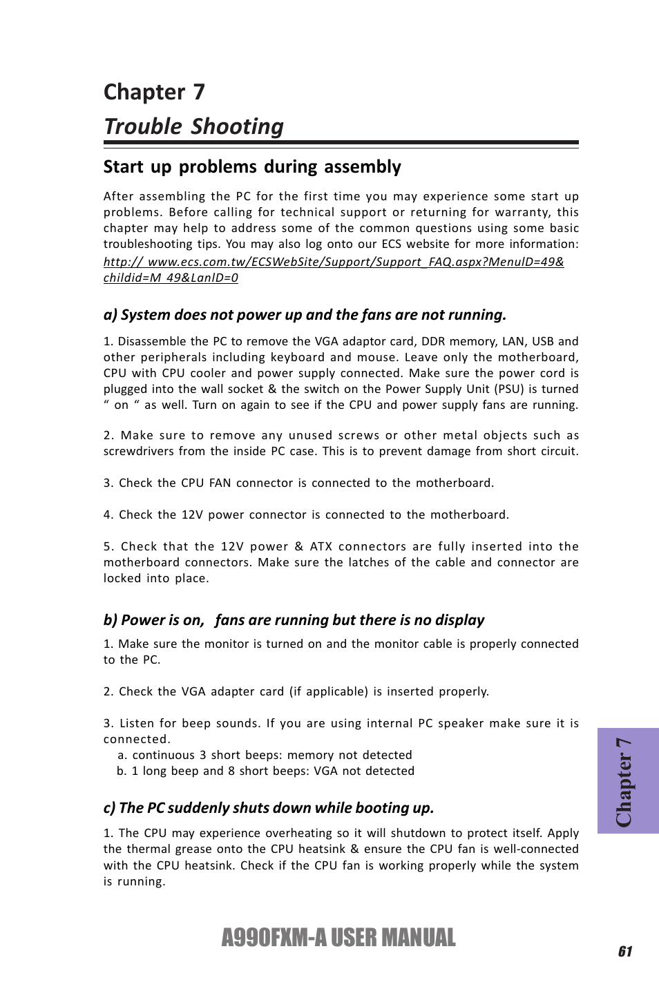 Chapter 7 trouble shooting, A990fxm-a user manual, Chapter 7 | Start up problems during assembly | Elitegroup A990FXM-A (V1.1) User Manual | Page 65 / 68