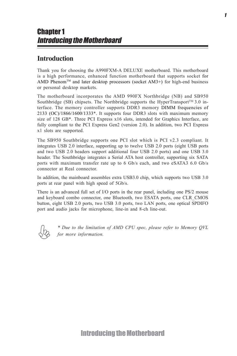 Introducing the motherboard, Introducing the motherboard chapter 1, Introduction | Elitegroup A990FXM-A Deluxe (V1.0) User Manual | Page 5 / 76
