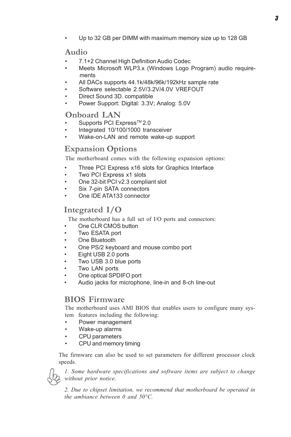 Expansion options, Integrated i/o, Bios firmware | Onboard lan, Audio | Elitegroup A990FXM-A Deluxe (V1.0) User Manual | Page 7 / 76