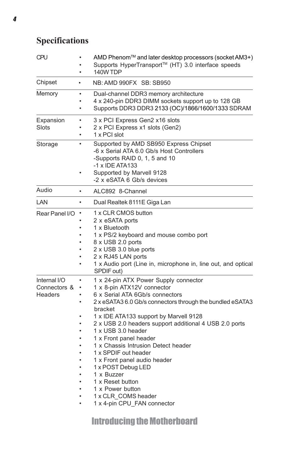 Introducing the motherboard, Specifications | Elitegroup A990FXM-A Deluxe (V1.0) User Manual | Page 8 / 76