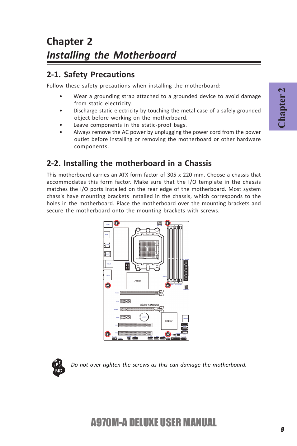 Chapter 2 installing the motherboard, A970m-a deluxe user manual, Chapter 2 | Elitegroup A970M-A DELUXE (V1.0) User Manual | Page 13 / 74