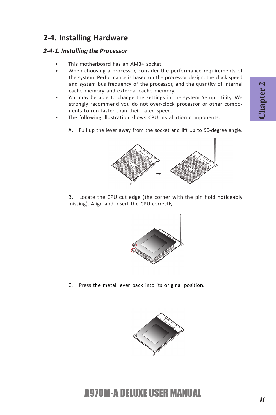 A970m-a deluxe user manual, Chapter 2, 4. installing hardware | Elitegroup A970M-A DELUXE (V1.0) User Manual | Page 15 / 74