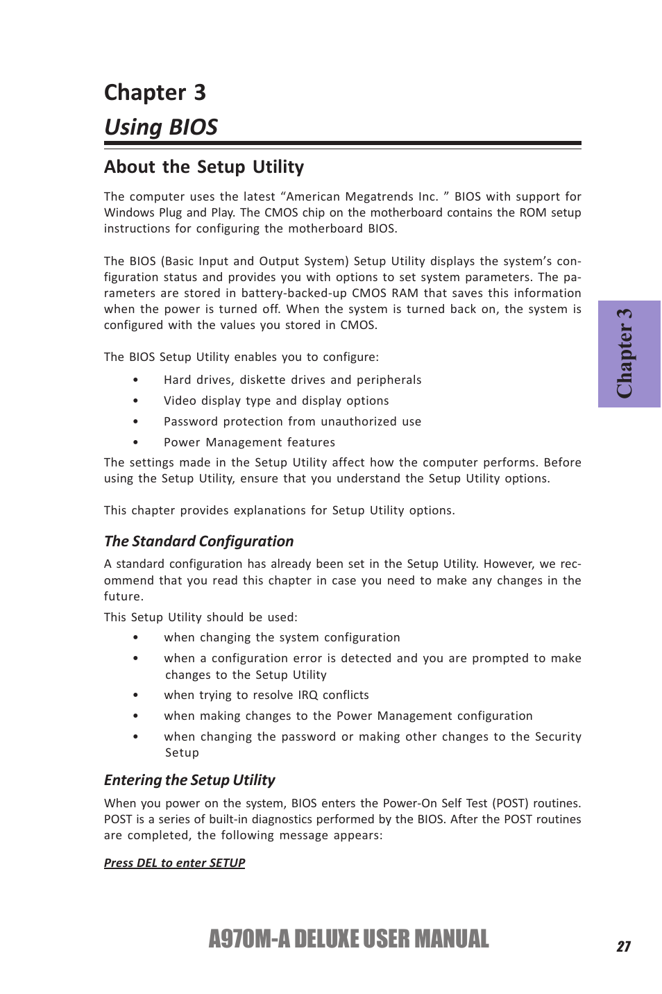 Chapter 3 using bios, A970m-a deluxe user manual, Chapter 3 | About the setup utility | Elitegroup A970M-A DELUXE (V1.0) User Manual | Page 31 / 74