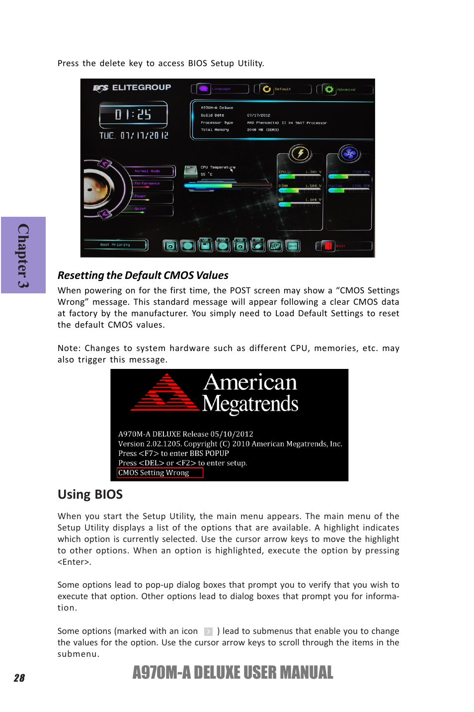 A970m-a deluxe user manual, Chapter 3, Using bios | Elitegroup A970M-A DELUXE (V1.0) User Manual | Page 32 / 74
