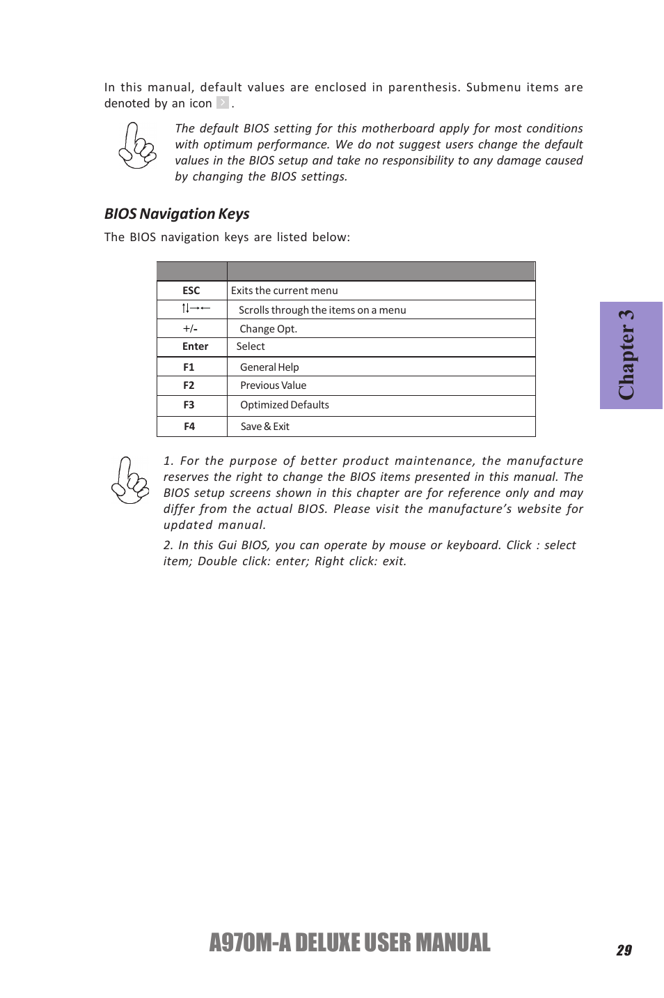 A970m-a deluxe user manual, Chapter 3, Bios navigation keys | Elitegroup A970M-A DELUXE (V1.0) User Manual | Page 33 / 74