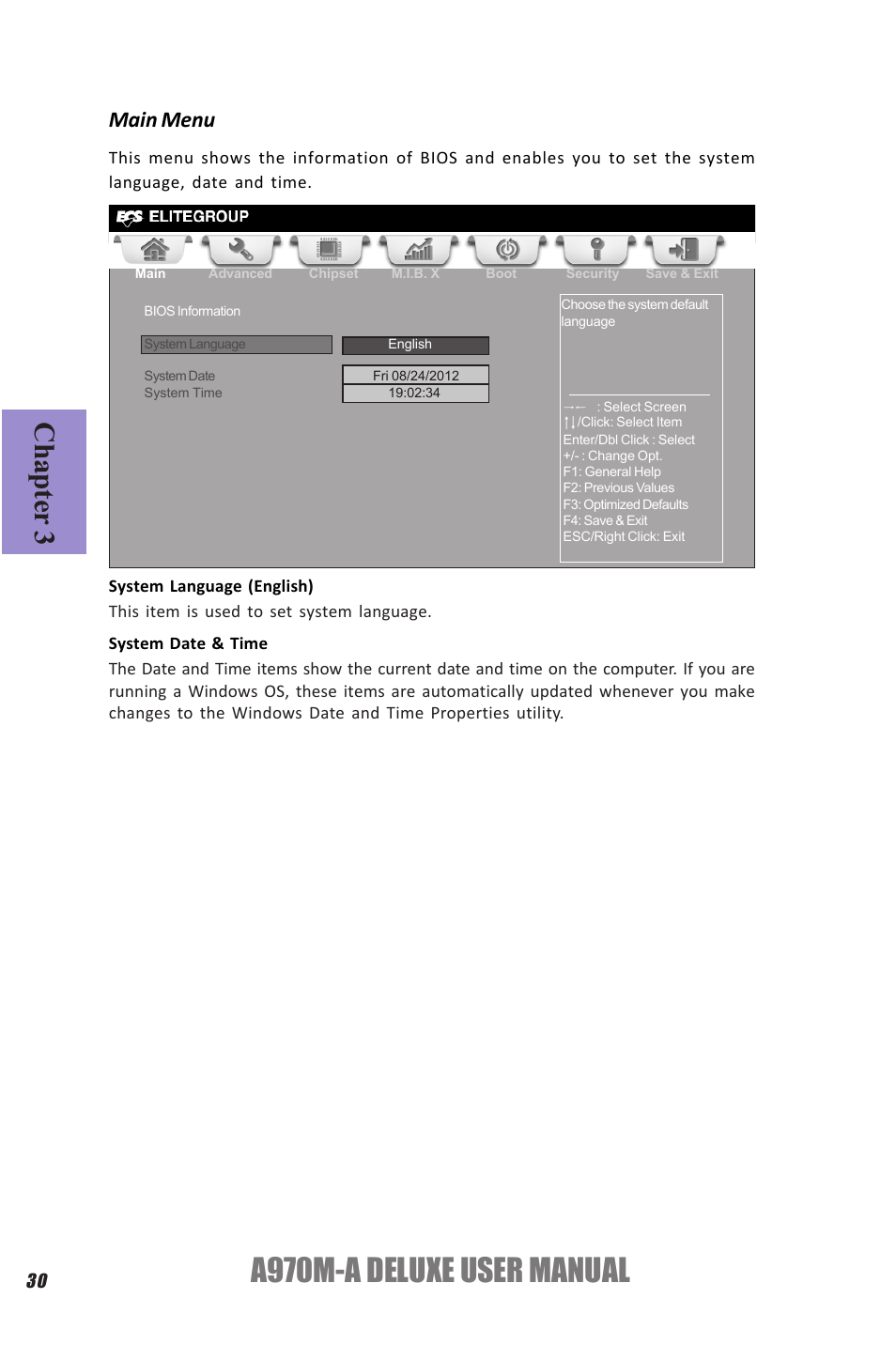 A970m-a deluxe user manual, Chapter 3, Main menu | Elitegroup A970M-A DELUXE (V1.0) User Manual | Page 34 / 74