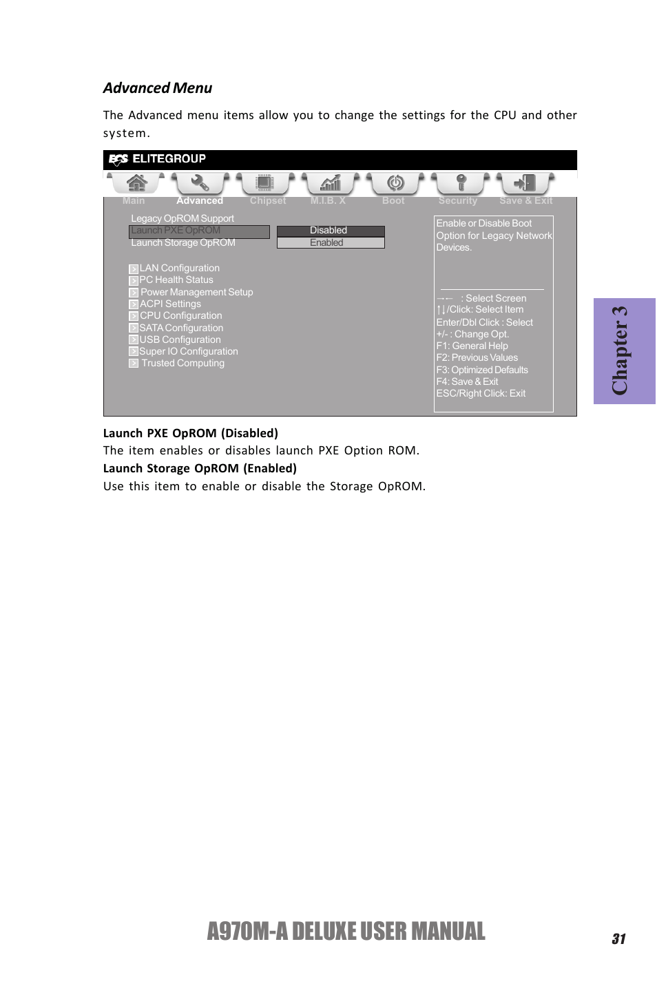 A970m-a deluxe user manual, Chapter 3, Advanced menu | Elitegroup A970M-A DELUXE (V1.0) User Manual | Page 35 / 74