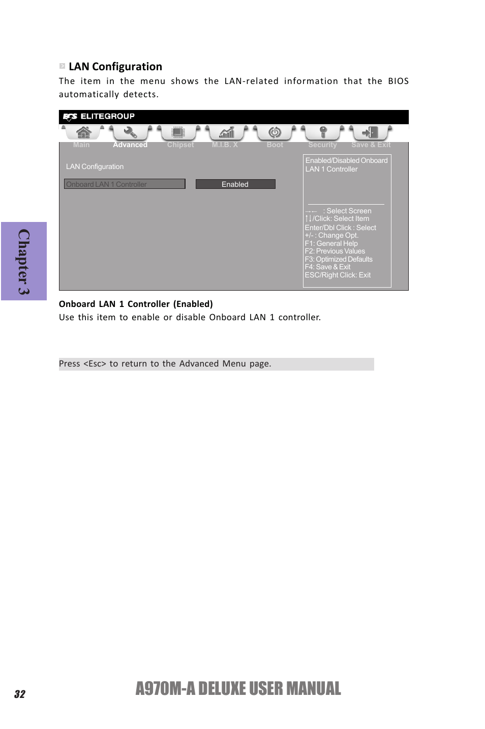 A970m-a deluxe user manual, Chapter 3, Lan configuration | Elitegroup A970M-A DELUXE (V1.0) User Manual | Page 36 / 74