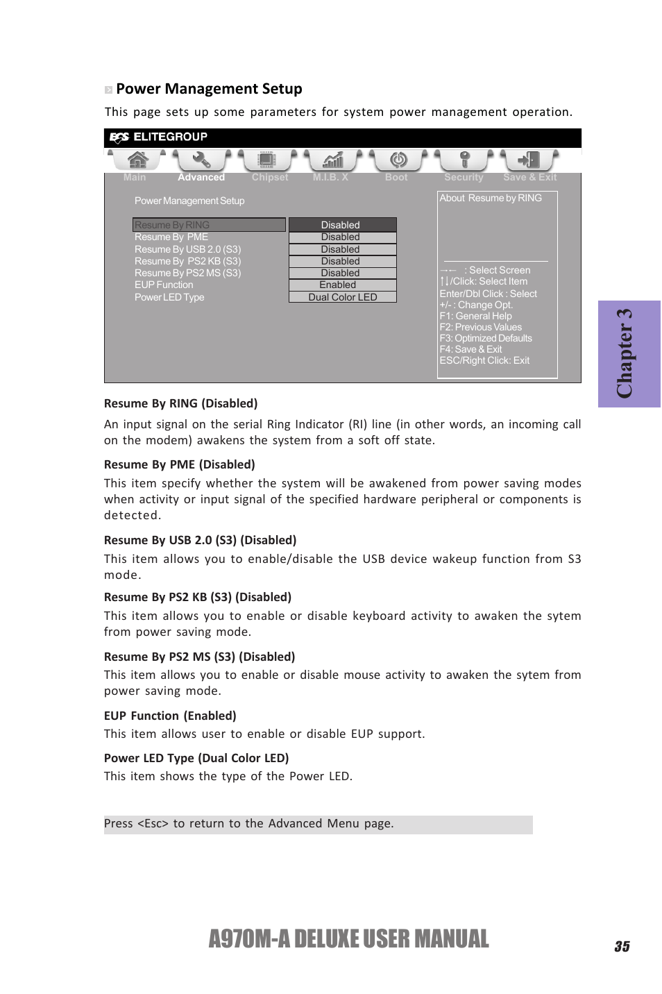 A970m-a deluxe user manual, Chapter 3, Power management setup | Elitegroup A970M-A DELUXE (V1.0) User Manual | Page 39 / 74
