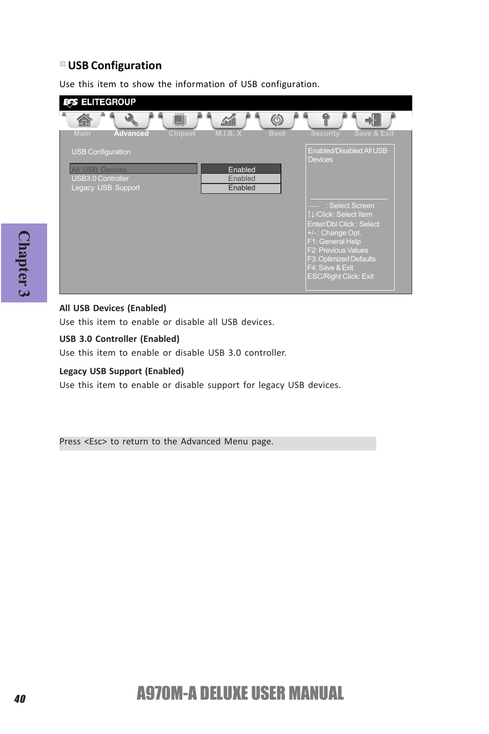 A970m-a deluxe user manual, Chapter 3, Usb configuration | Elitegroup A970M-A DELUXE (V1.0) User Manual | Page 44 / 74