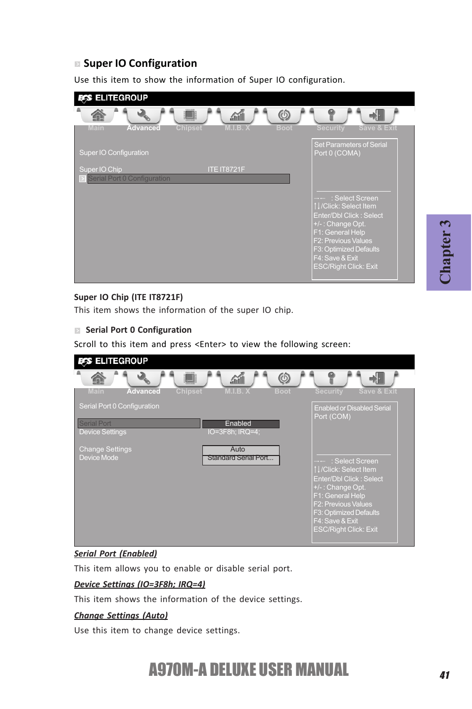 A970m-a deluxe user manual, Chapter 3, Super io configuration | Elitegroup A970M-A DELUXE (V1.0) User Manual | Page 45 / 74