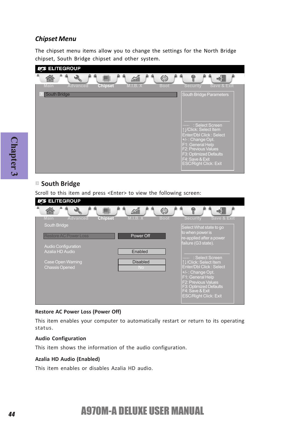 A970m-a deluxe user manual, Chapter 3, Chipset menu | South bridge | Elitegroup A970M-A DELUXE (V1.0) User Manual | Page 48 / 74